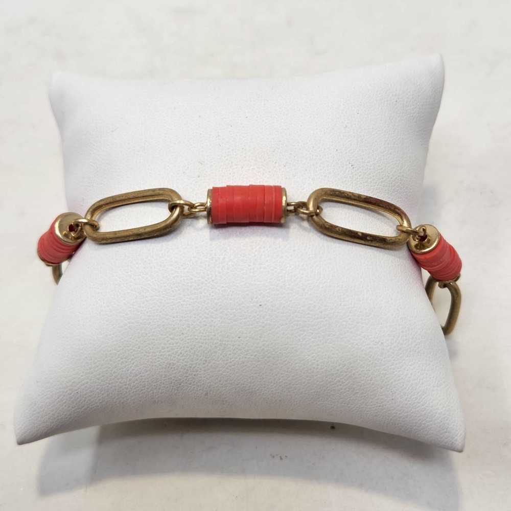 Plunder Design Matte Gold Tone Link Chain Bracelet Coral Pink Disc Beads Jewelry